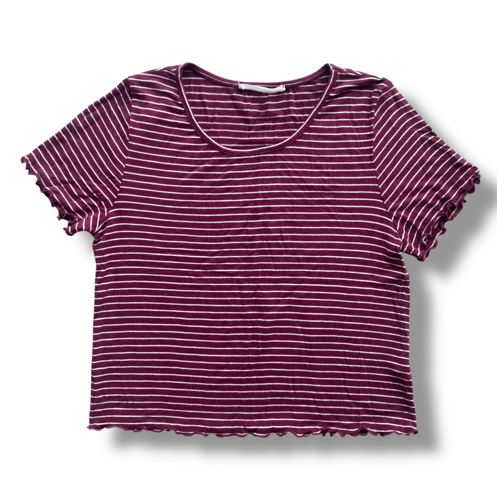 Caution to the Wind Sm Burgundy White Striped Lettuce Edge Short Sl Crop Tee USA